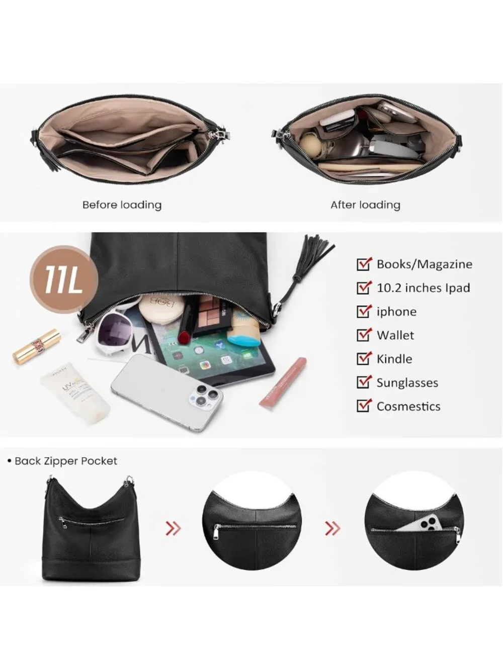 Soft Genuine Leather Hobo Crossbody Bag for Women, Versatile Bucket Purse with 2